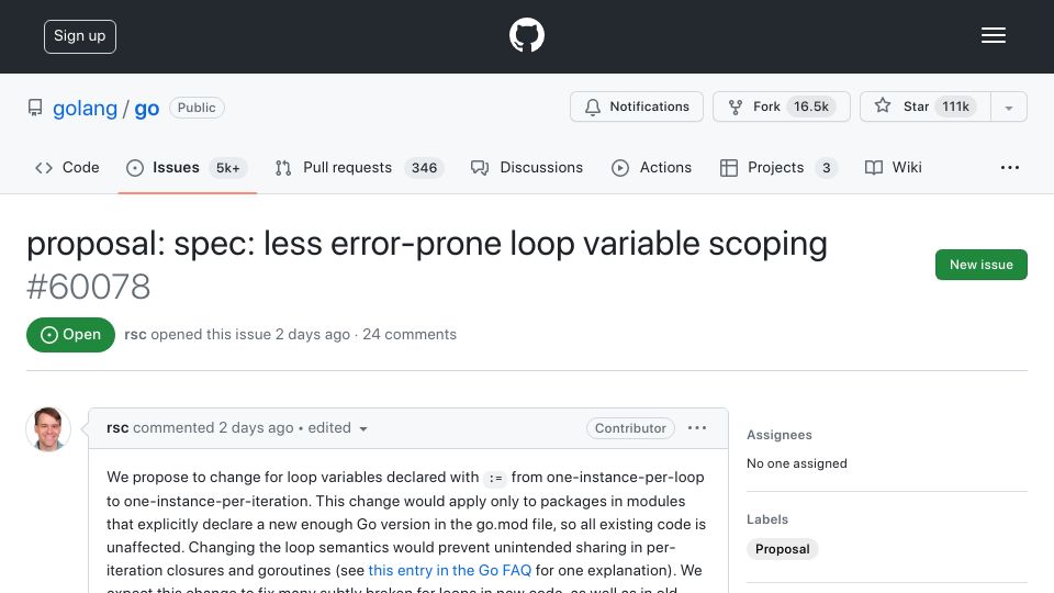 Screenshot of github.com: Proposal: Less error-prone loop variable scoping