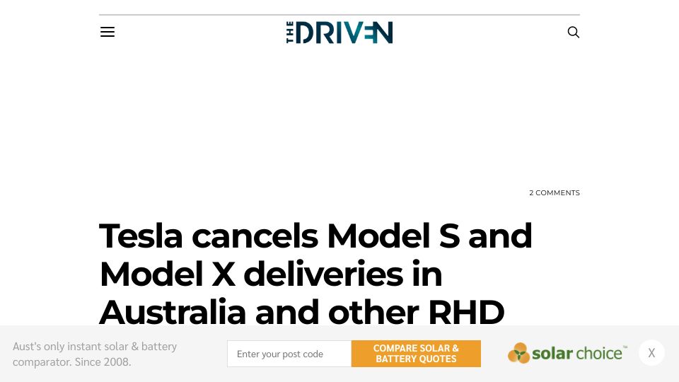 Screenshot of thedriven.io: Tesla cancels Model S and Model X deliveries in Australia and other RHD markets