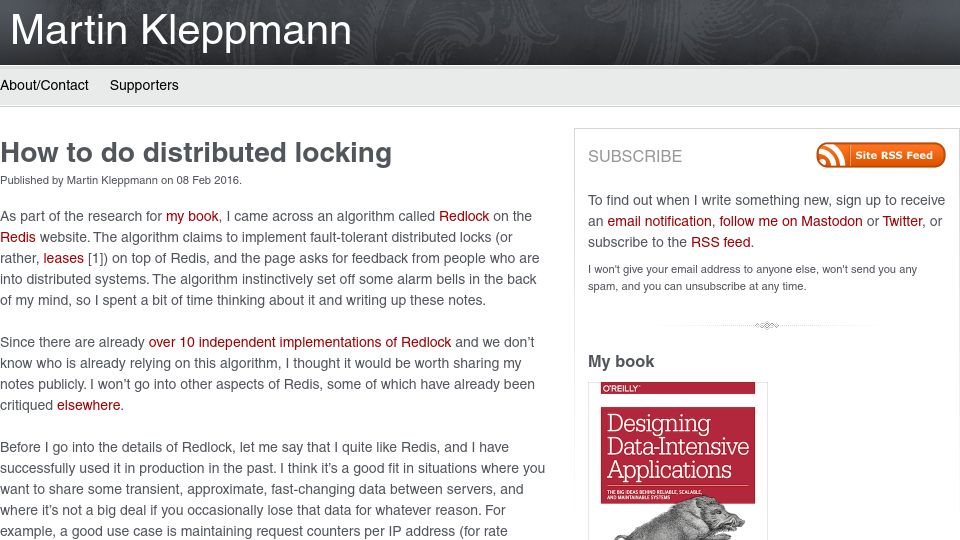 Screenshot of martin.kleppmann.com: How to do distributed locking (2016)