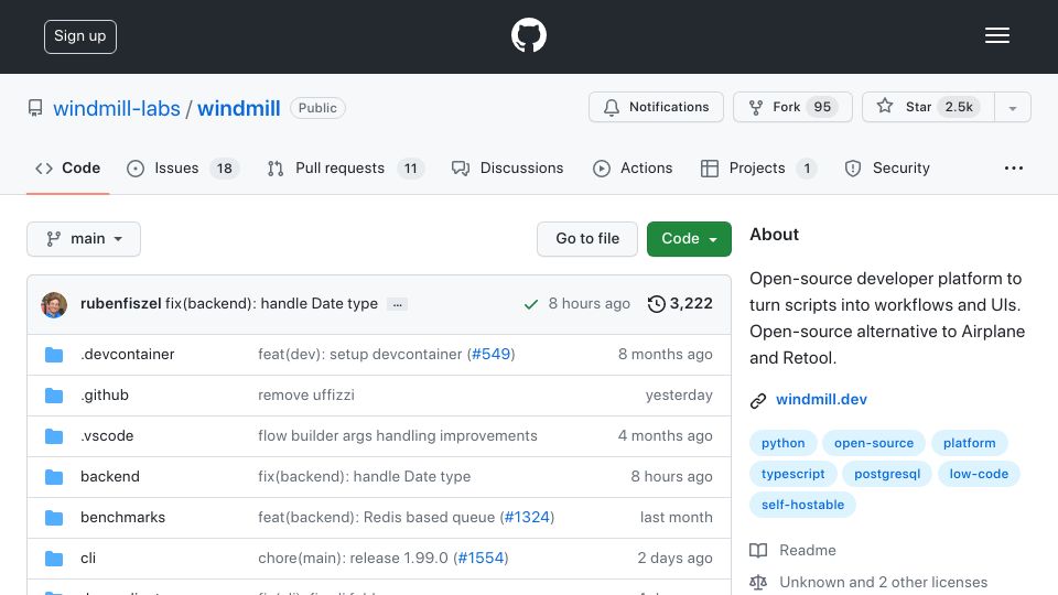 Screenshot of github.com: Windmill: Open-source developer platform to turn scripts into workflows and UIs