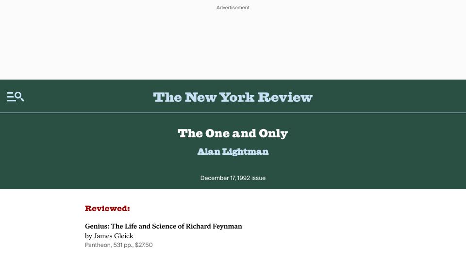 Screenshot of nybooks.com: The Life and Science of Richard Feynman (1992)