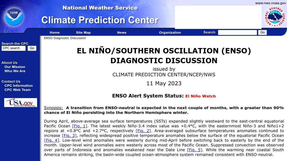 Screenshot of cpc.ncep.noaa.gov: Greater than 90% chance of El Niño persisting into Northern Hemisphere winter
