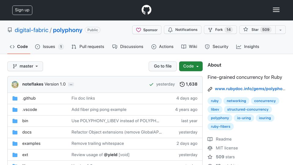 Screenshot of github.com: Polyphony: Fine-Grained Concurrency for Ruby