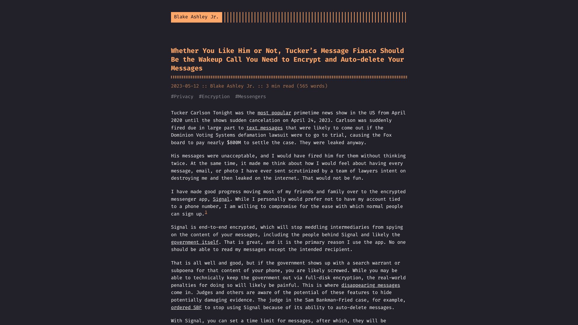 Screenshot of blakeashleyjr.com: Tucker’s Message Fiasco Is the Wakeup Call You Need to Auto-Delete Your Messages
