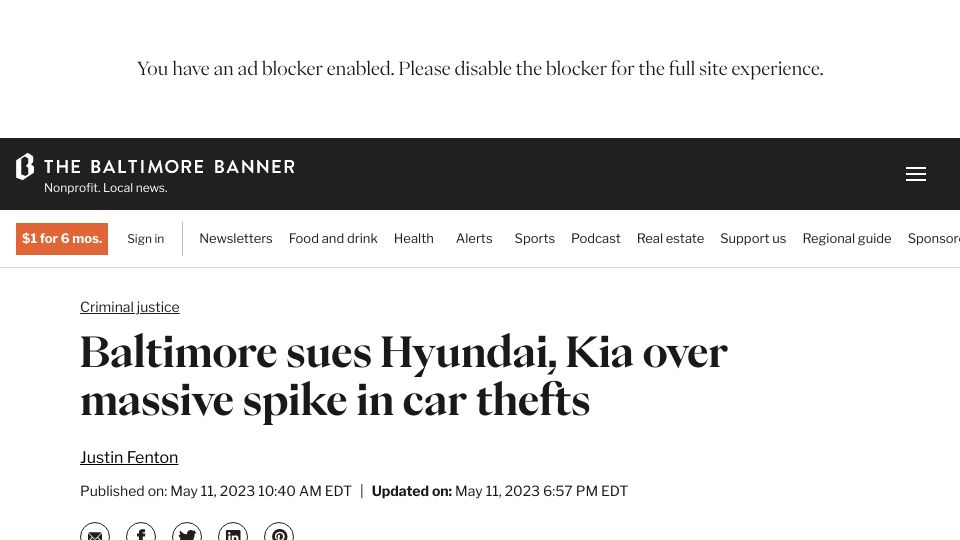 Screenshot of thebaltimorebanner.com: Baltimore sues Hyundai, Kia over spike in car thefts