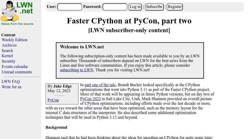 Screenshot of lwn.net: Faster CPython at PyCon, part two