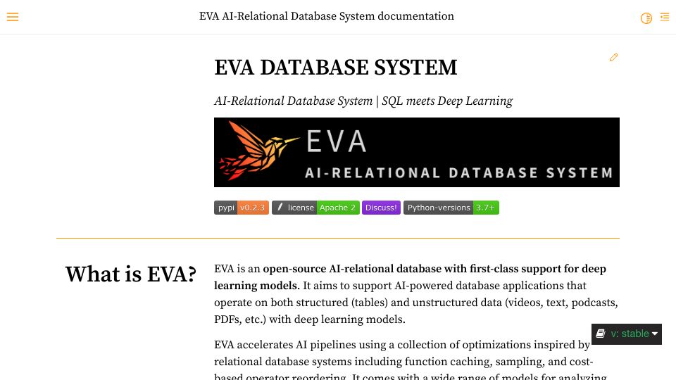 Screenshot of evadb.readthedocs.io: Eva AI-Relational Database System
