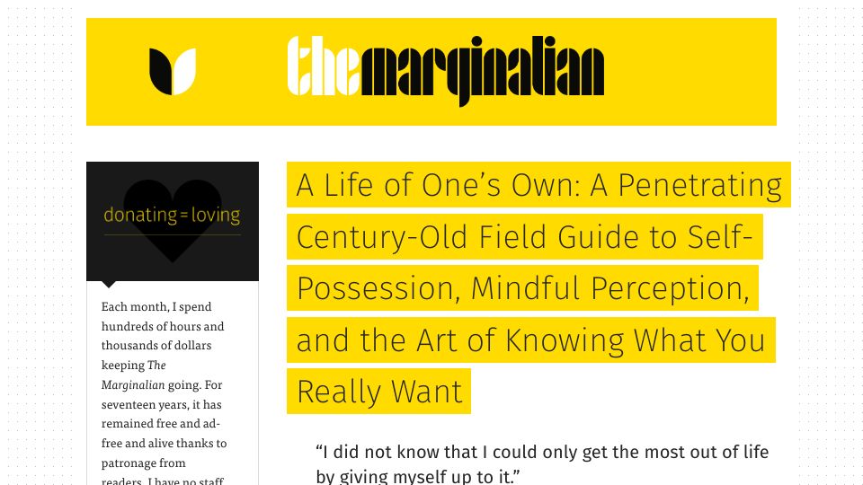Screenshot of themarginalian.org: A Life of One’s Own: Marion Milner (2017)