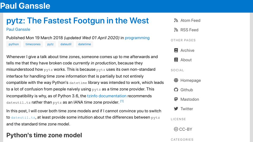 Screenshot of blog.ganssle.io: Pytz: The Fastest Footgun in the West (2018)