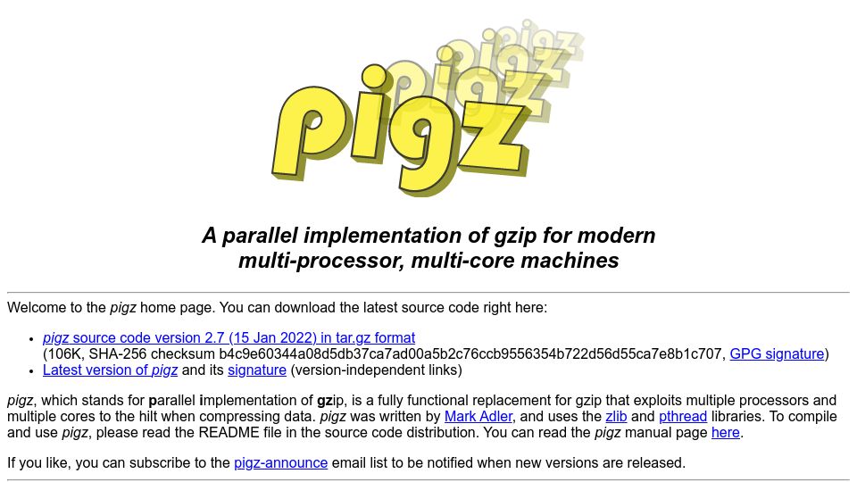 Screenshot of zlib.net: Pigz: Parallel gzip for modern multi-processor, multi-core machines