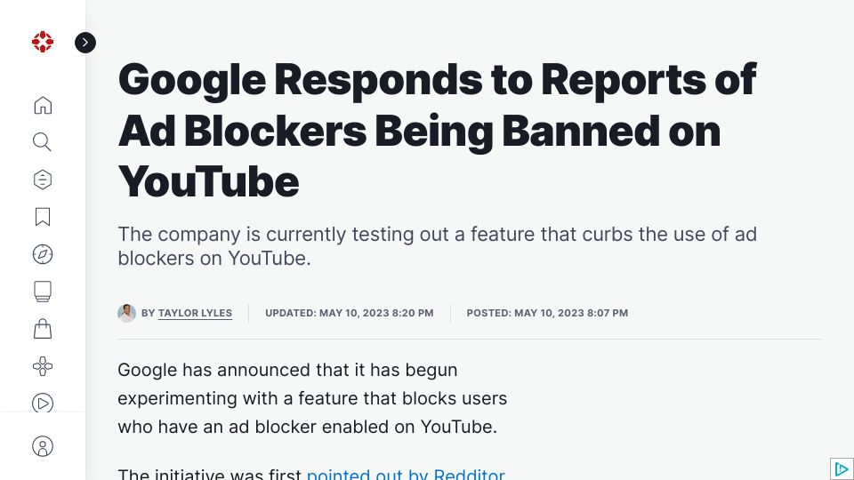 Screenshot of ign.com: Google is exploring blocking AdBlocker on YouTube