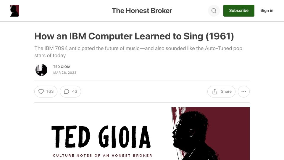 Screenshot of tedgioia.substack.com: An IBM computer learned to sing in 1961