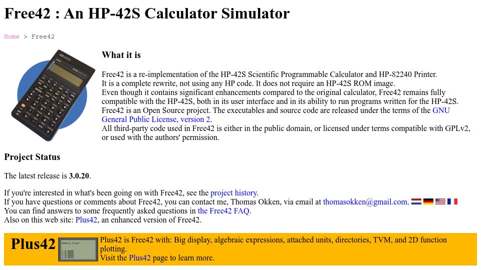Screenshot of thomasokken.com: Free42 – An HP-42S Calculator Simulator