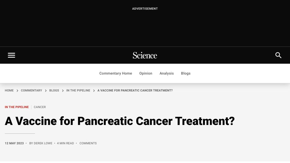Screenshot of science.org: A vaccine for pancreatic cancer treatment?