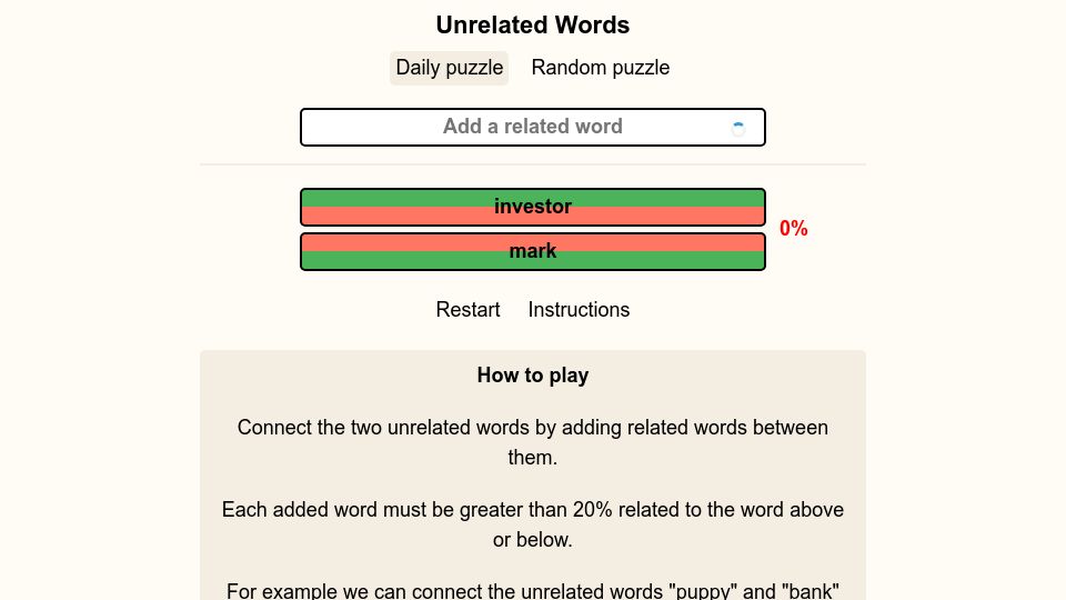 Screenshot of unrelatedwords.com: Unrelated Words Puzzle