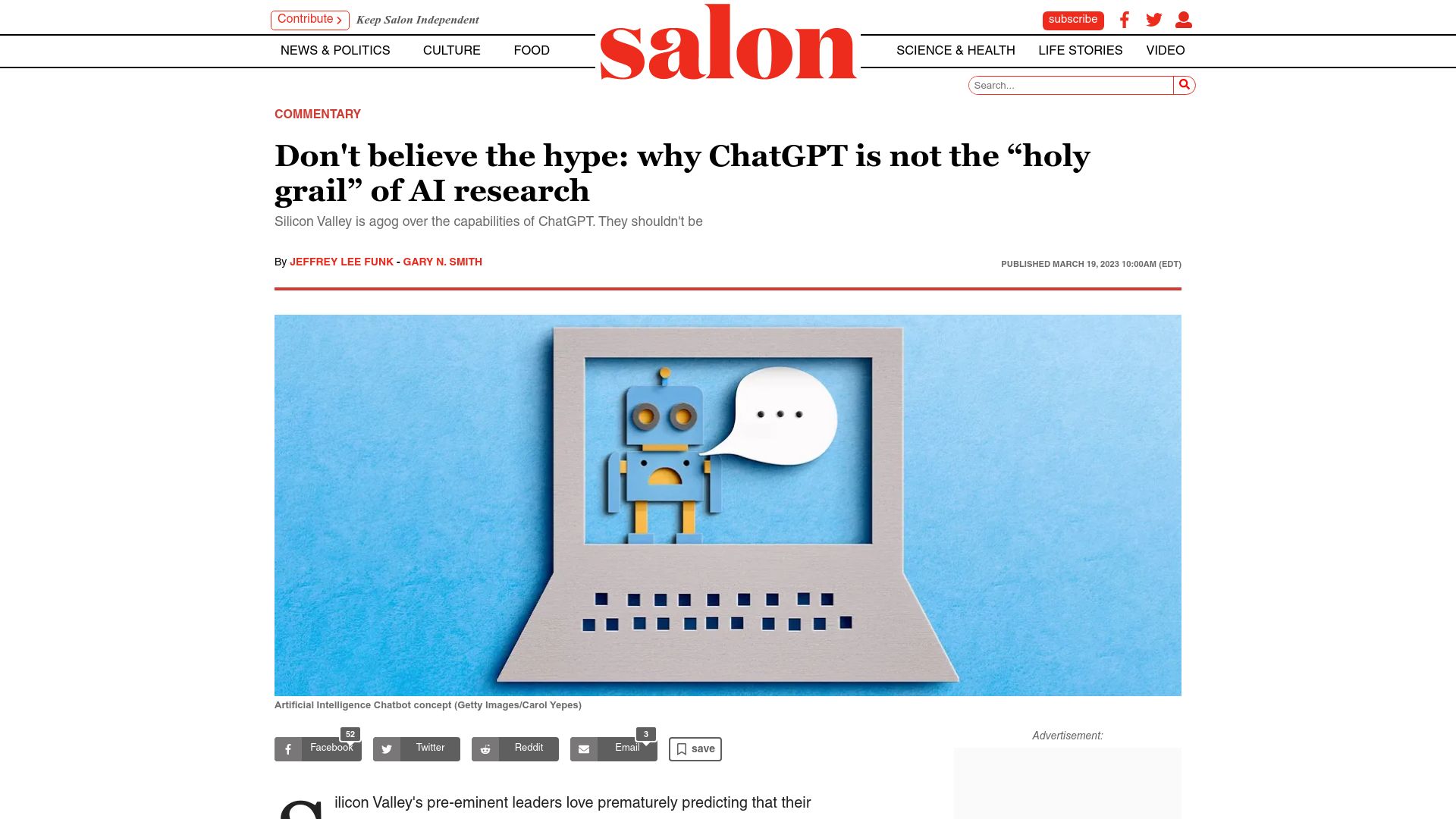 Screenshot of salon.com: Don't believe the hype: why ChatGPT is not the “holy grail” of AI research