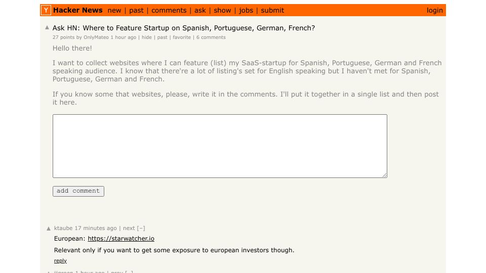 Screenshot of Hacker News post: Ask HN: Where to Feature Startup on Spanish, Portuguese, German, French?