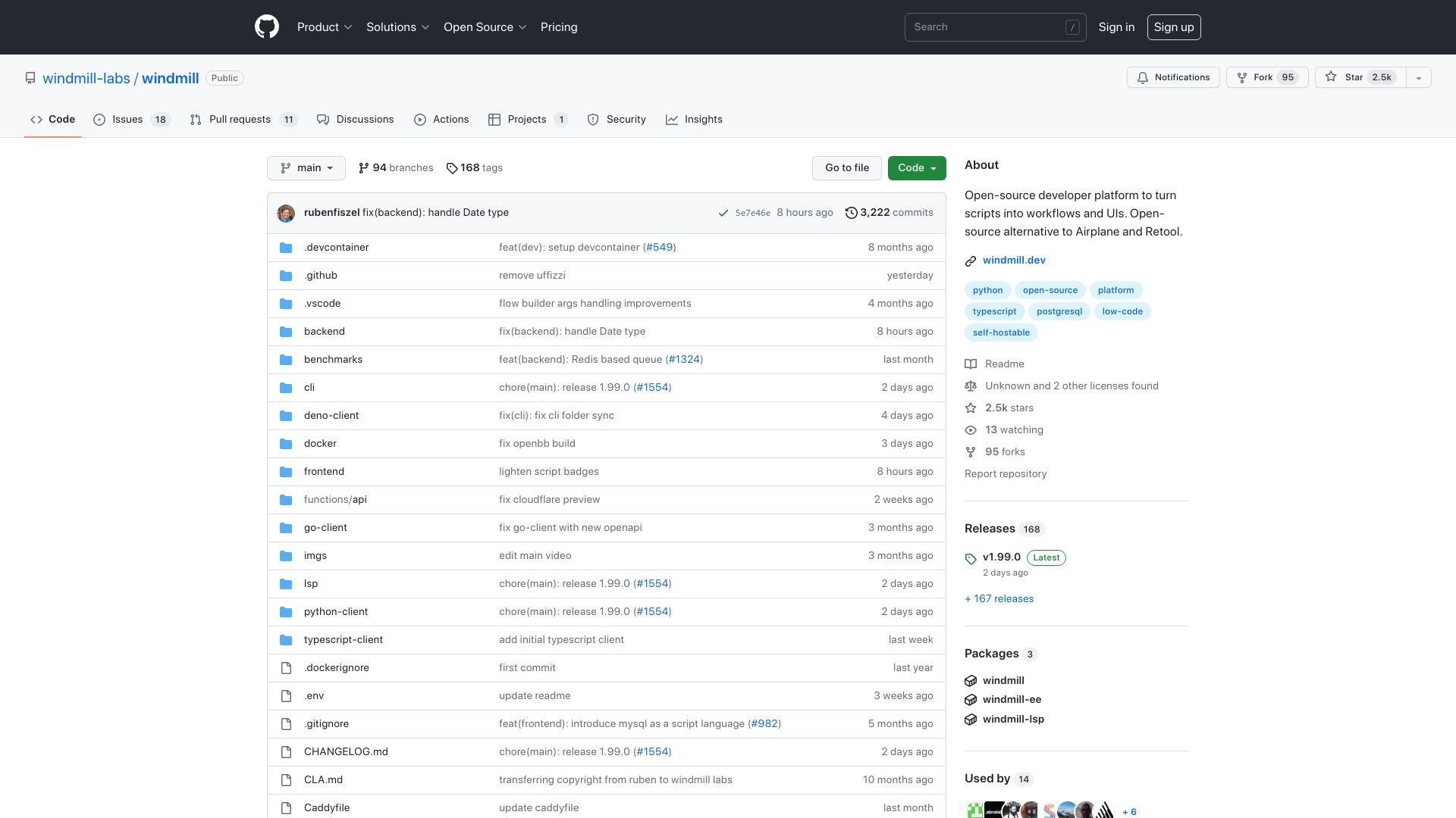 Screenshot of github.com: Windmill: Open-source developer platform to turn scripts into workflows and UIs