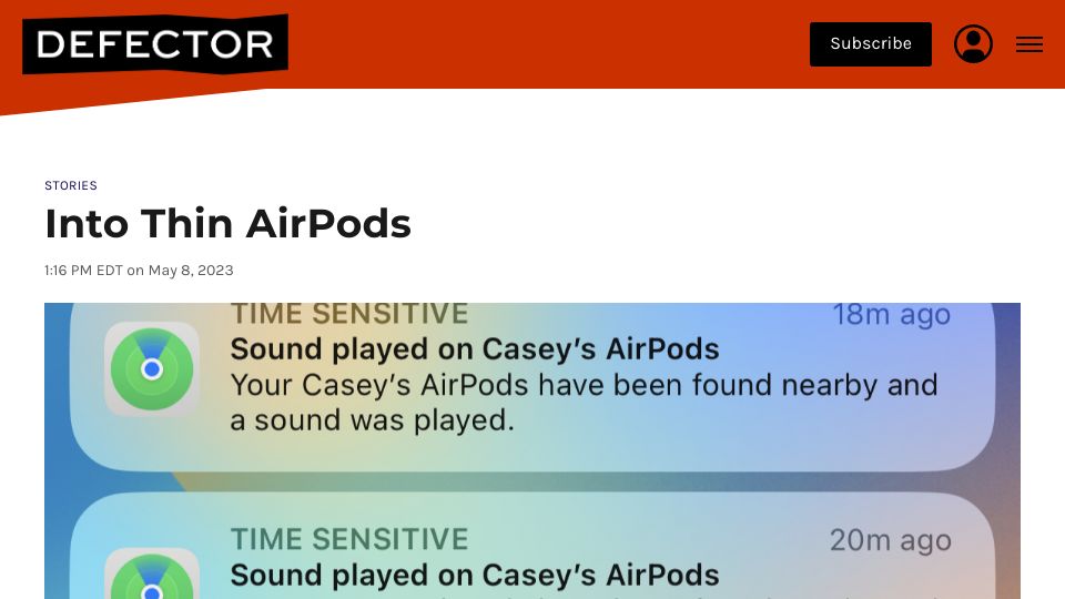 Screenshot of defector.com: Into Thin AirPods