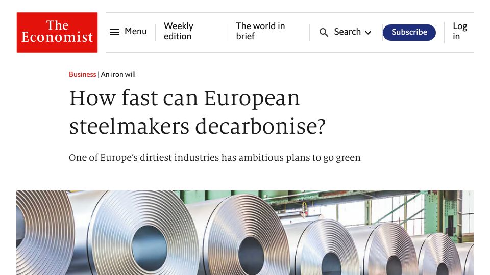 Screenshot of economist.com: How fast can European steelmakers decarbonise?