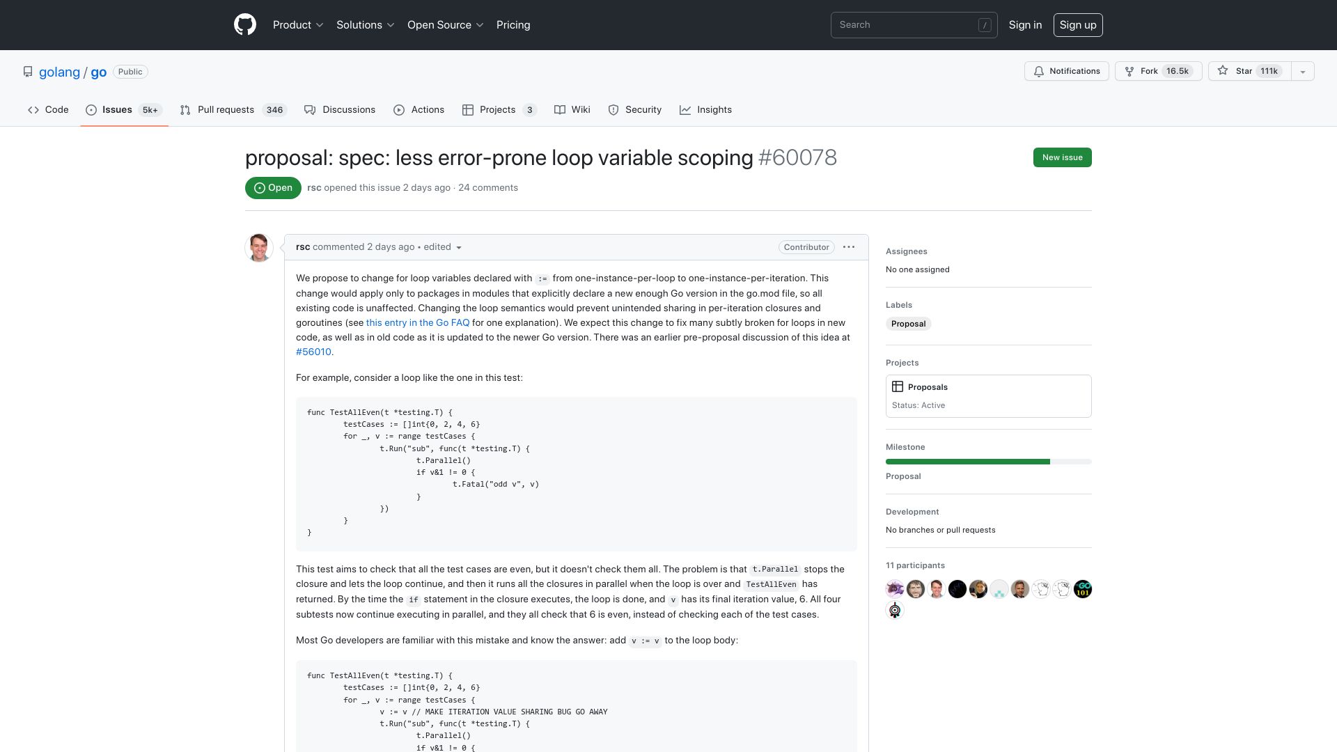 Screenshot of github.com: Proposal: Less error-prone loop variable scoping