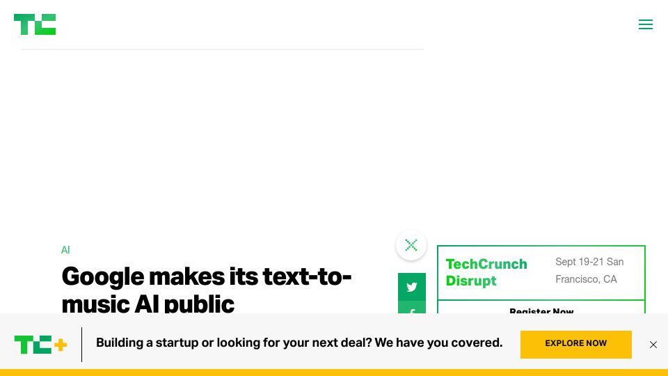 Screenshot of techcrunch.com: Google makes its text-to-music AI public