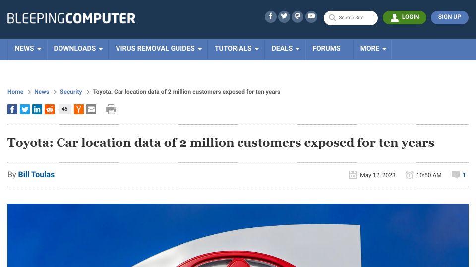Screenshot of bleepingcomputer.com: Toyota: Car location data and videos of 2M customers exposed for ten years