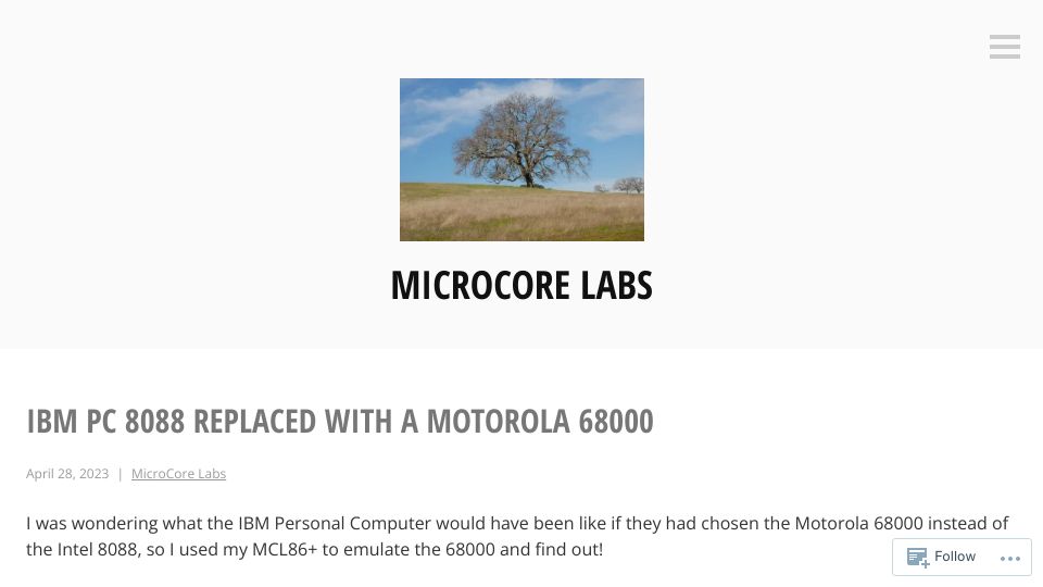 Screenshot of microcorelabs.wordpress.com: IBM PC 8088 replaced with a Motorola 68000