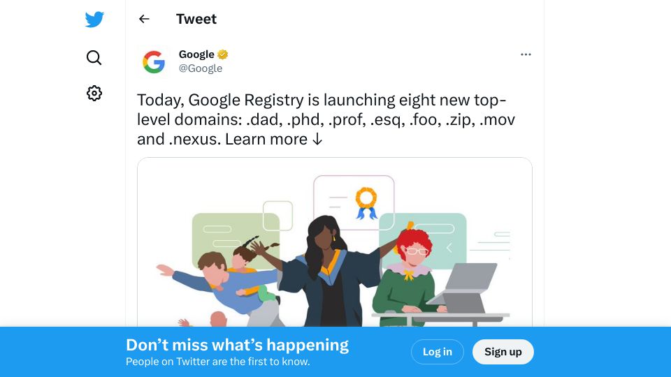 Screenshot of twitter.com: .zip is now available as a TLD