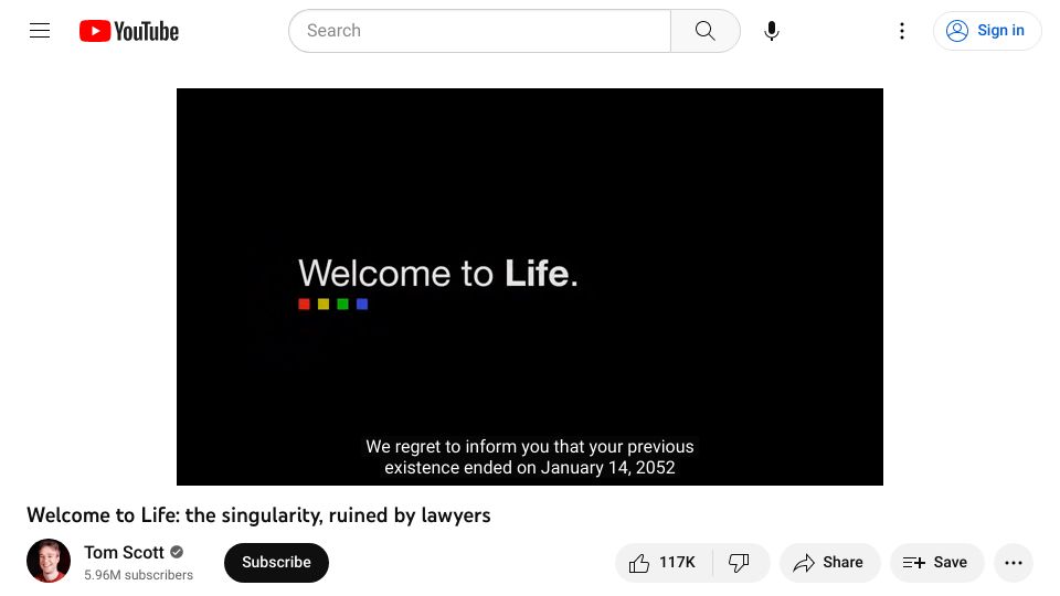 Screenshot of youtube.com: Welcome to Life: the singularity, ruined by lawyers (2012) [video]