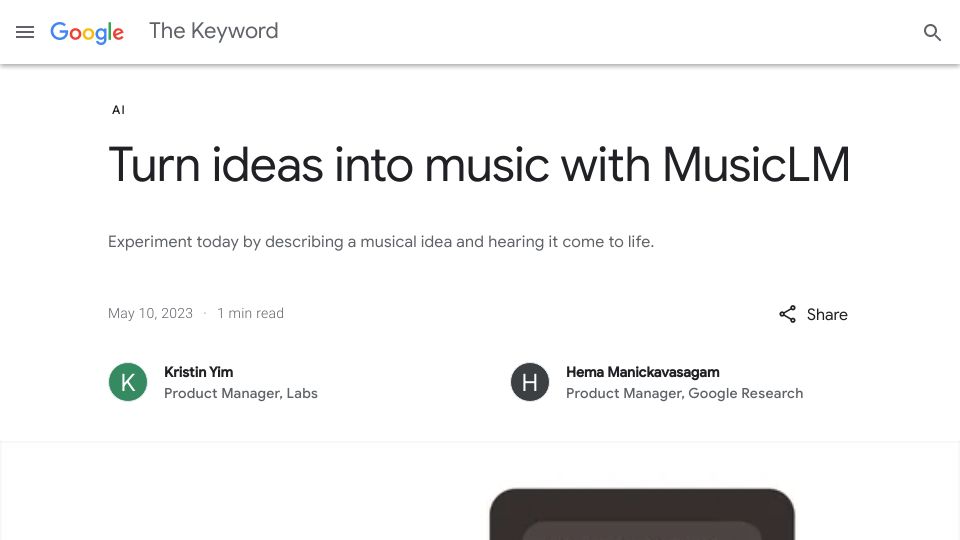 Screenshot of blog.google: Turn ideas into music with MusicLM