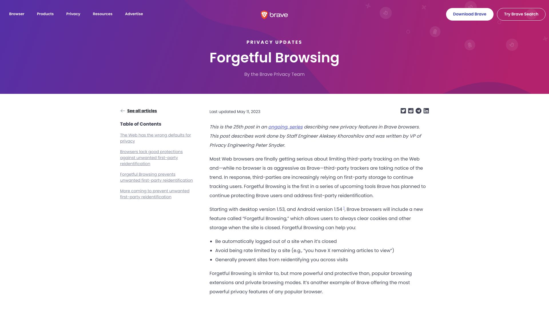 Screenshot of brave.com: Forgetful Browsing