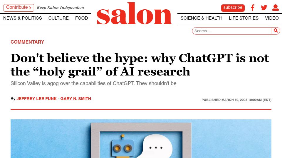 Screenshot of salon.com: Don't believe the hype: why ChatGPT is not the “holy grail” of AI research