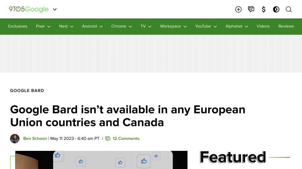 Screenshot of 9to5google.com: Google Bard blocks all European Union countries