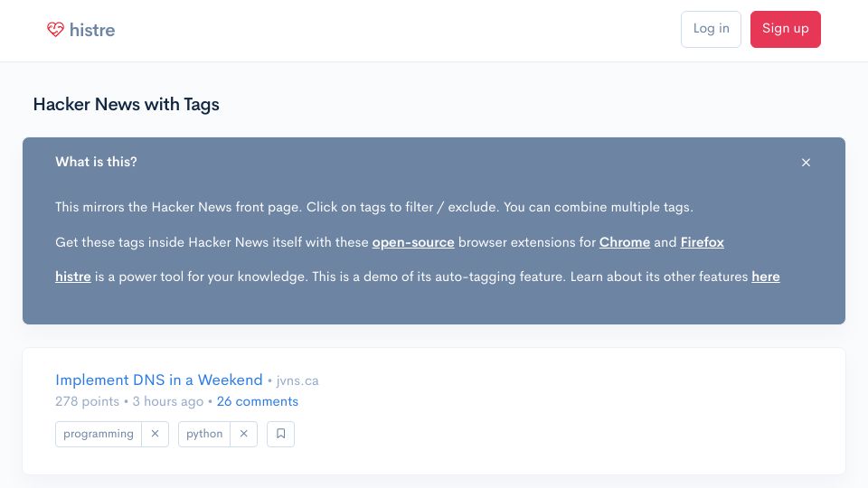 Screenshot of histre.com: Show HN: Hacker News with Tags
