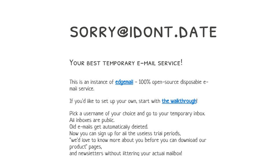 Screenshot of sorry.idont.date: Open-source disposable email service