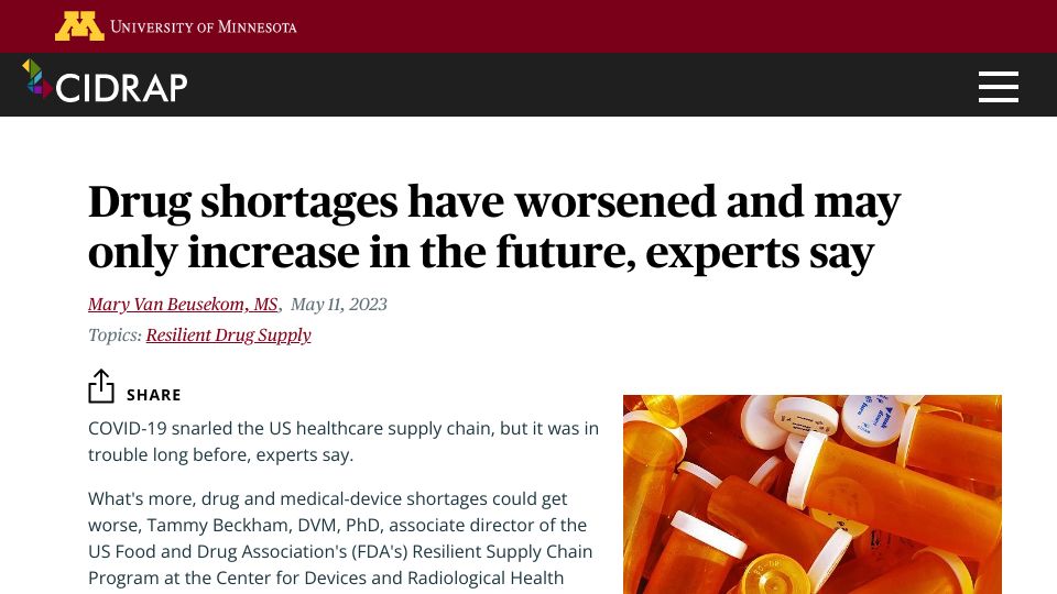 Screenshot of cidrap.umn.edu: Drug shortages have worsened and may only increase in the future, experts say