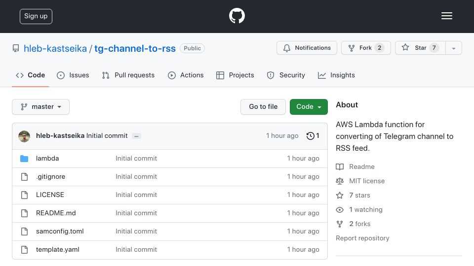 Screenshot of github.com: AWS Lambda function for converting of Telegram channel to RSS feed