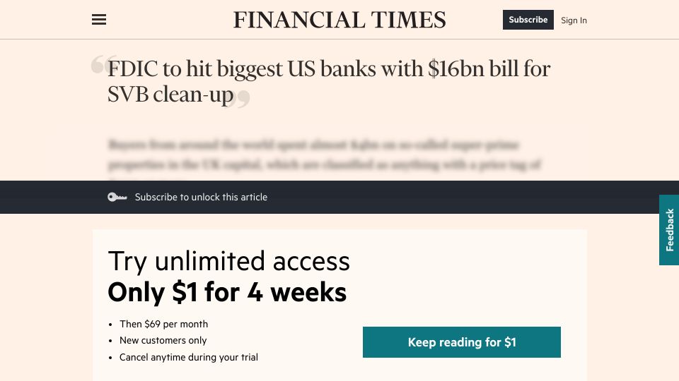 Screenshot of ft.com: FDIC to hit biggest US banks with $16B bill for SVB clean-up