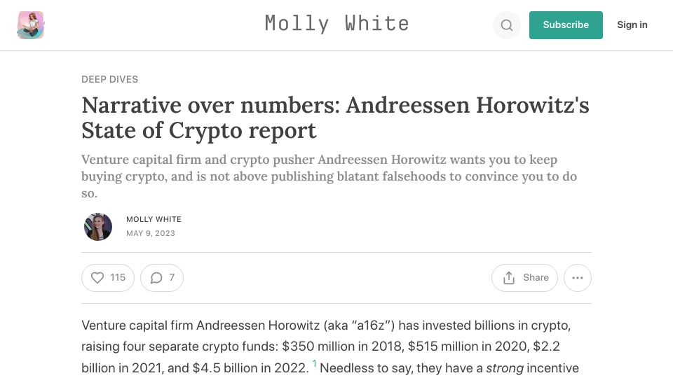 Screenshot of newsletter.mollywhite.net: Narrative over Numbers: Andreessen Horowitz's State of Crypto Report