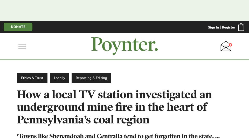 Screenshot of poynter.org: A local TV station investigated an underground mine fire in Pennsylvania