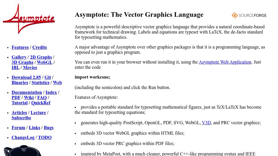 Screenshot of asymptote.sourceforge.io: Asymptote: 2D and 3D TeX-Aware Vector Graphics Language