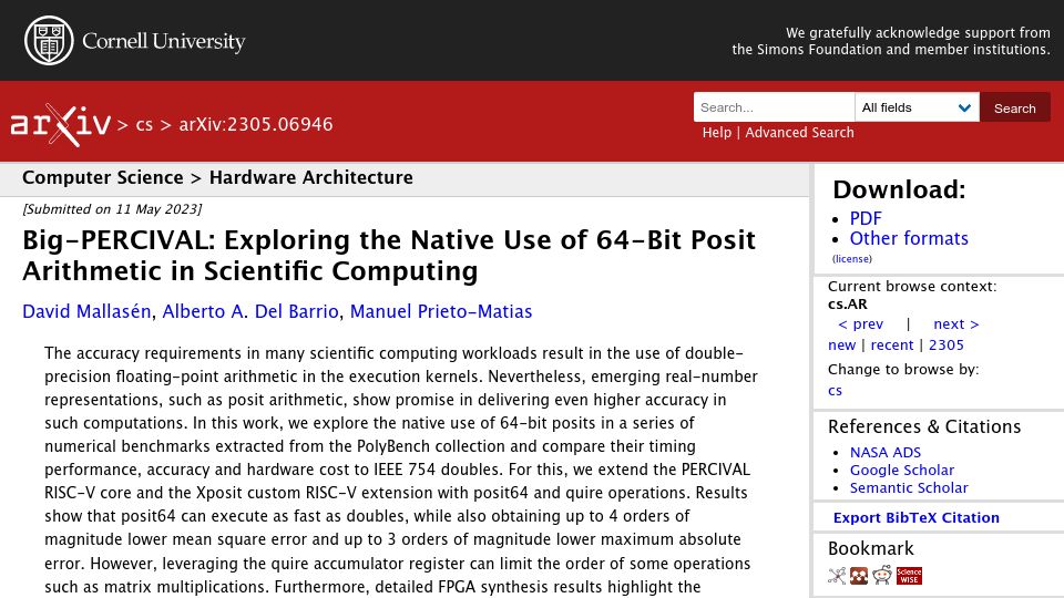 Screenshot of arxiv.org: Exploring the native use of 64-bit posit arithmetic in scientific computing