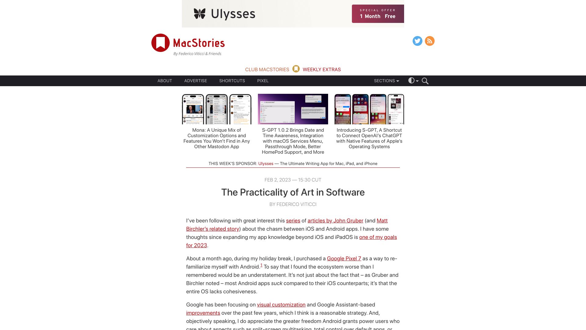 Screenshot of macstories.net: The Practicality of Art in Software