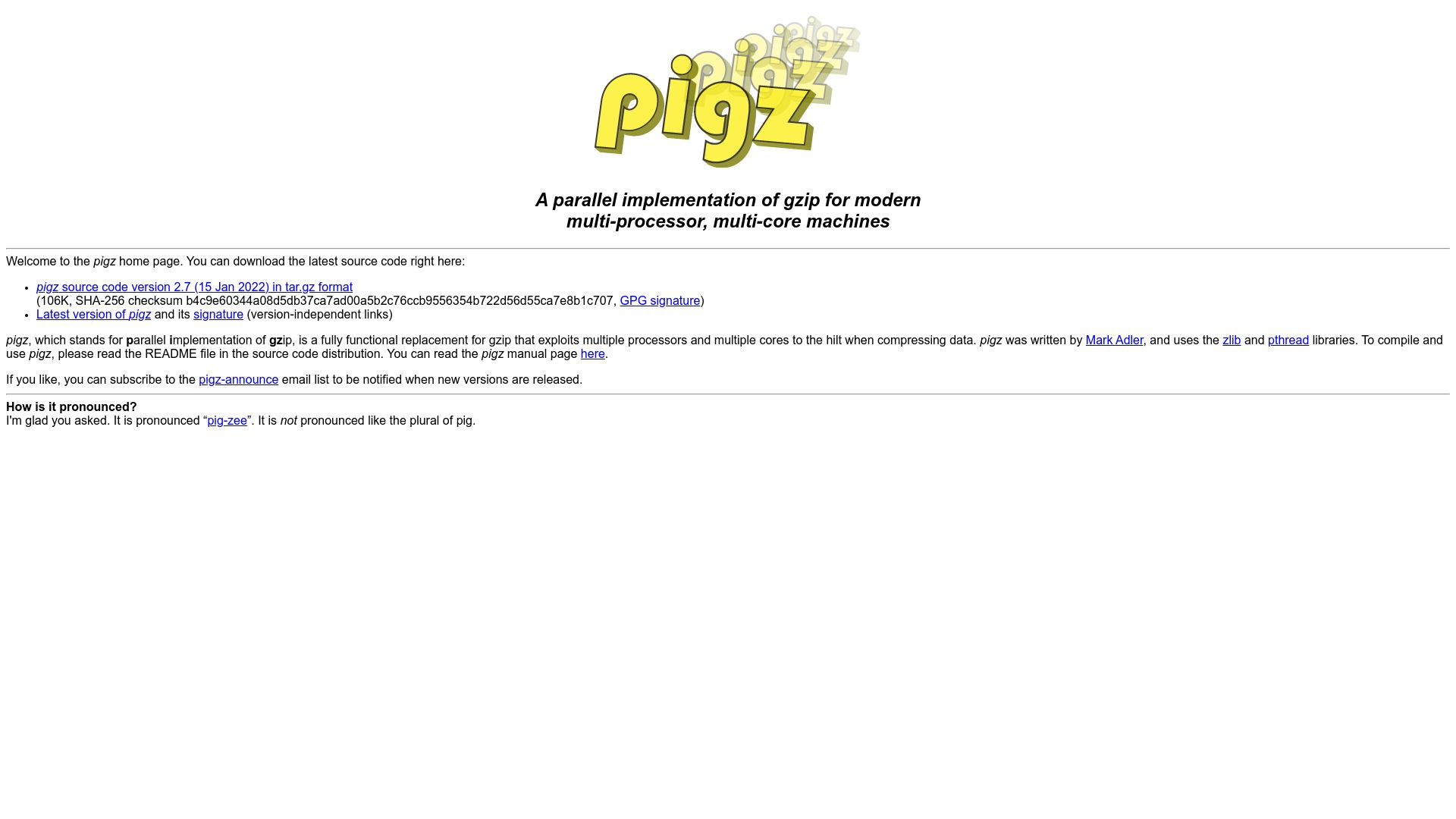 Screenshot of zlib.net: Pigz: Parallel gzip for modern multi-processor, multi-core machines