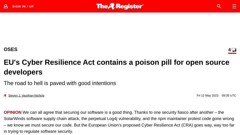 Screenshot of theregister.com: EU's Cyber Resilience Act contains a poison pill