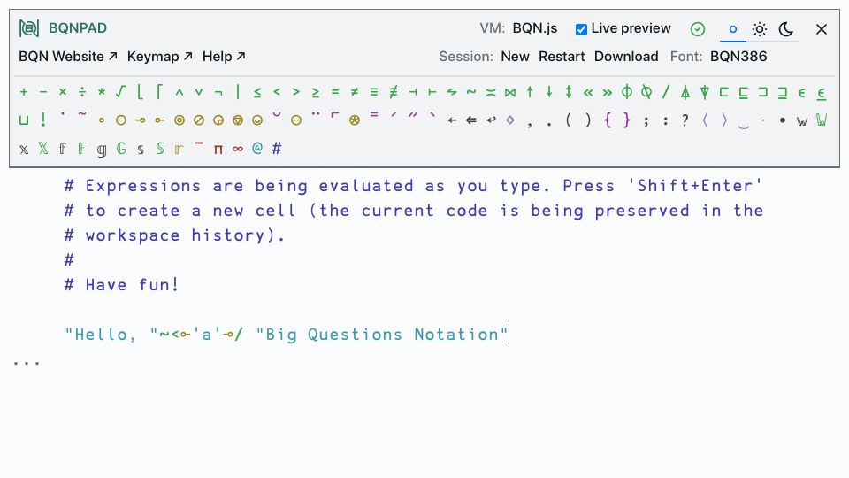 Screenshot of bqnpad.mechanize.systems: BQNPAD