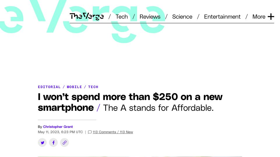 Screenshot of theverge.com: I won’t spend more than $250 on a new smartphone