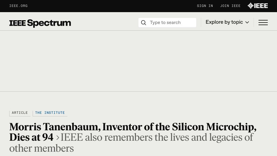 Screenshot of spectrum.ieee.org: Morris Tanenbaum, inventor of the silicon transistor, has died