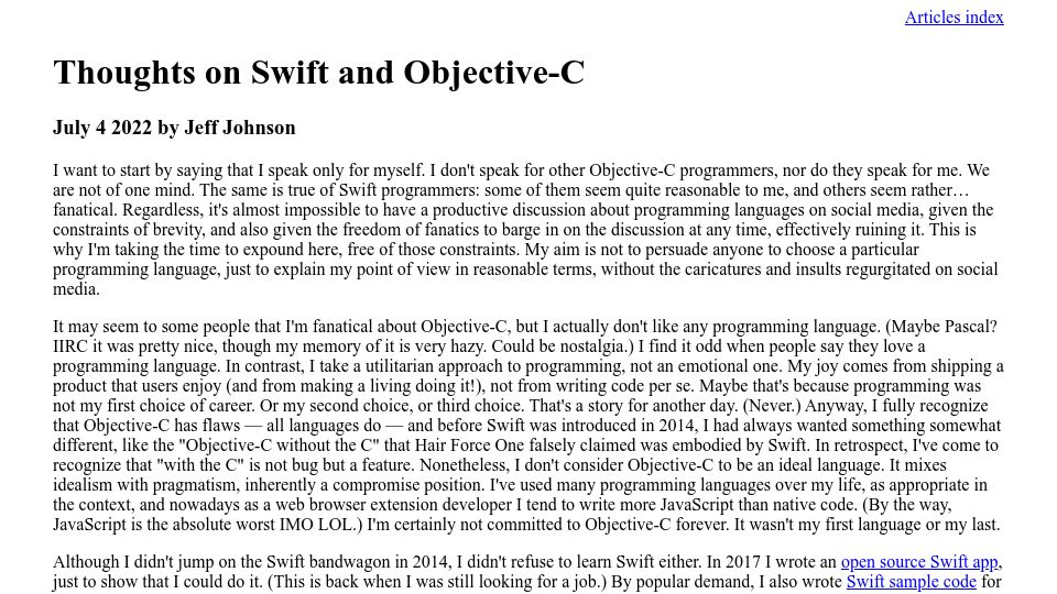 Screenshot of lapcatsoftware.com: Thoughts on Swift and Objective-C